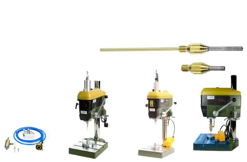Set of drill press components on a white background